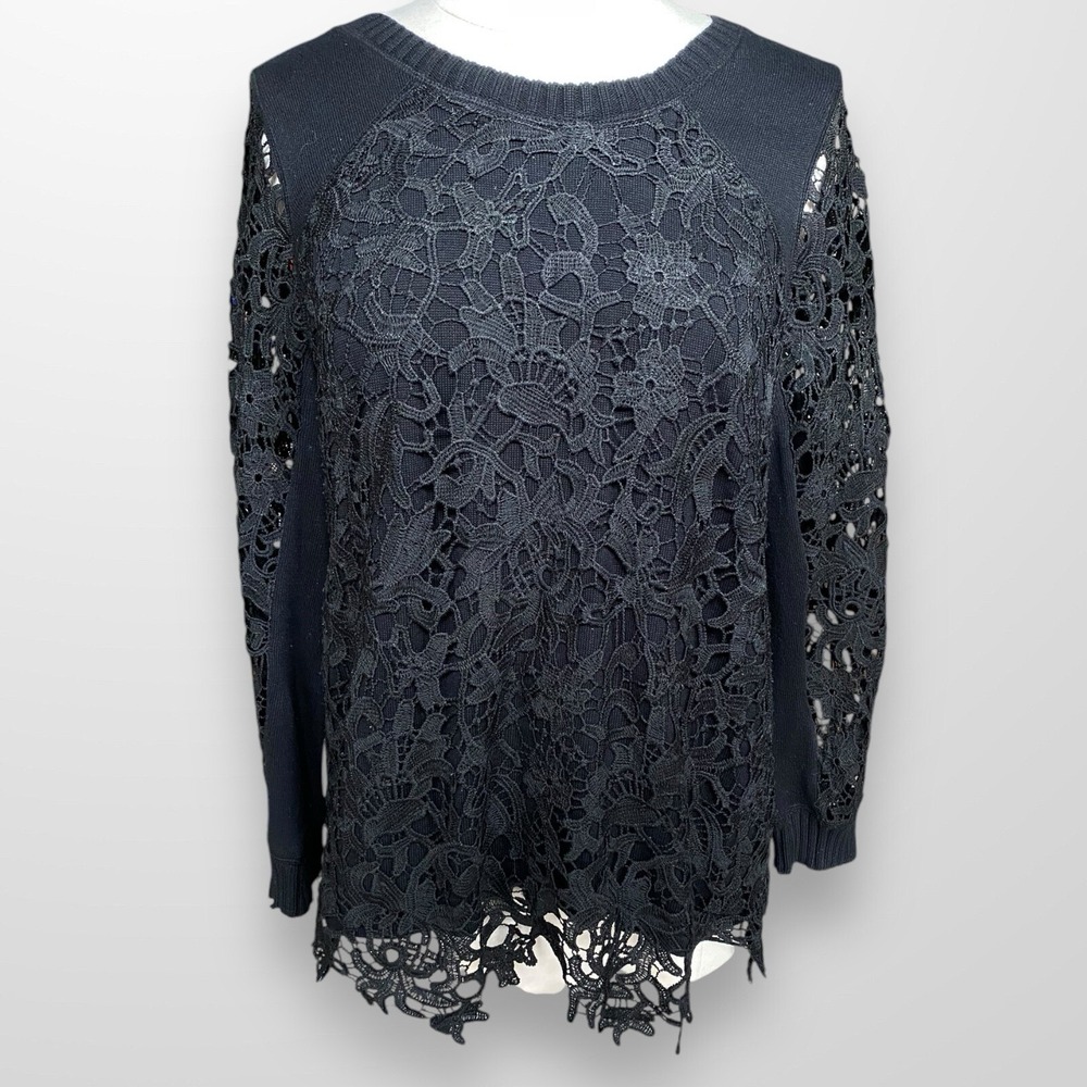 Roaman's Woman's Size 14 / 16 Top Shirt‎ Sweater Black Lace Classic Long Sleeve